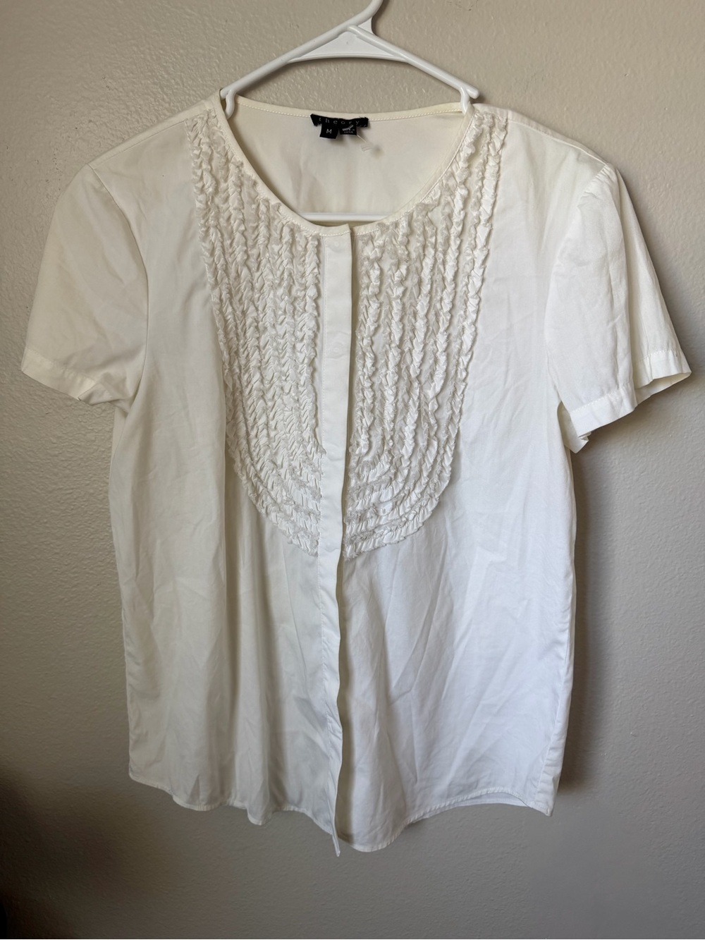 Theory Women’s White Ruffle Front Blouse Top Short Sleeve Button Up Size M
